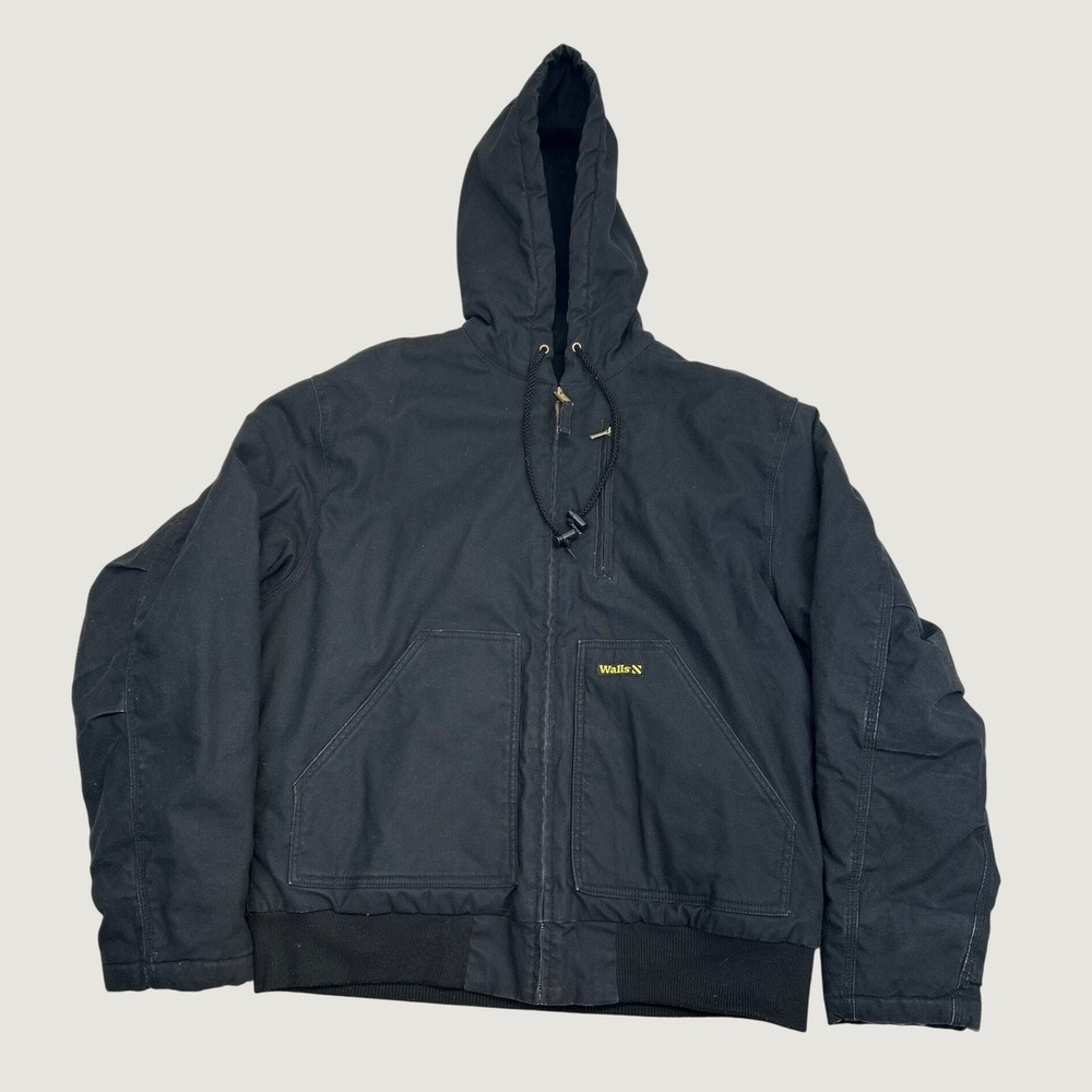 Walls Work Jacket Men L Tall Black Hooded Duck Canvas Full Zip Utility Rugged